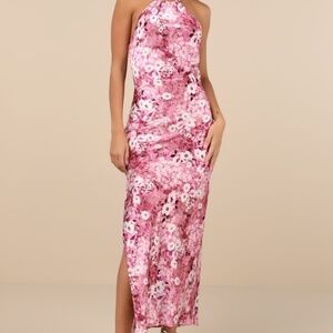 Lulus Glowing Presence Mauve Floral Satin Halter Maxi Dress Pink - Size XL